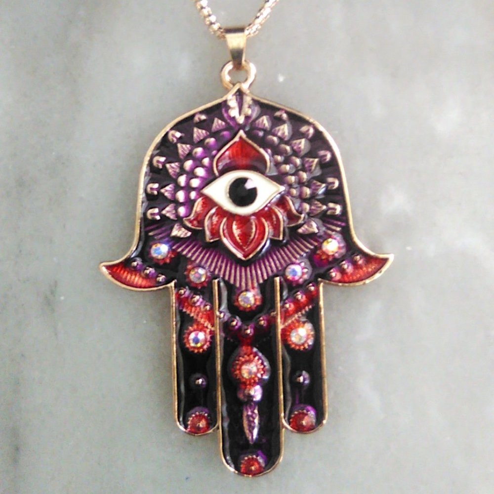 Beautiful HAMSA "Hand of God" Purple Enamel Rhinestone Art Pendant & Necklace